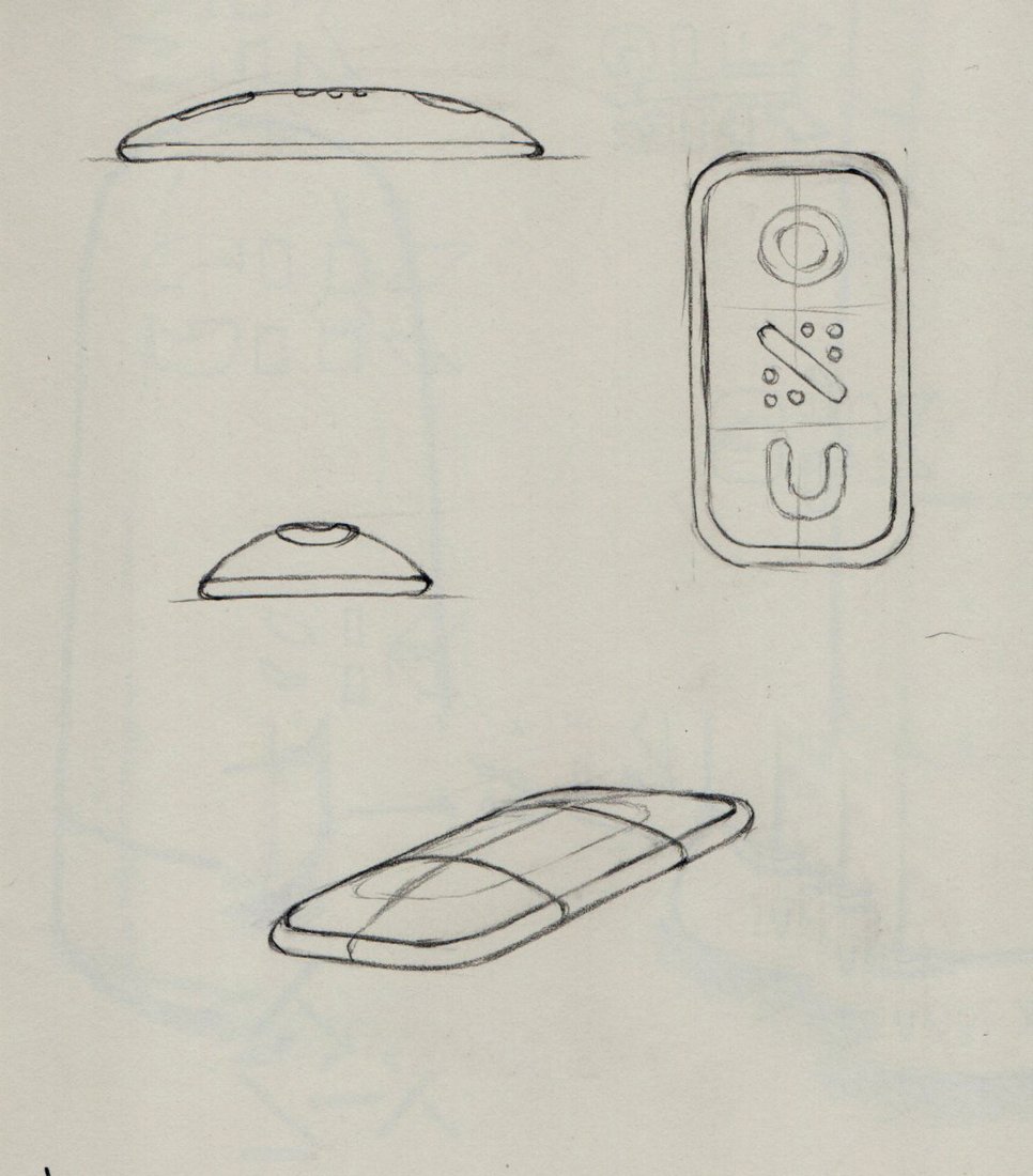 Hand-drawn product sketch of the ONU device from multiple angles